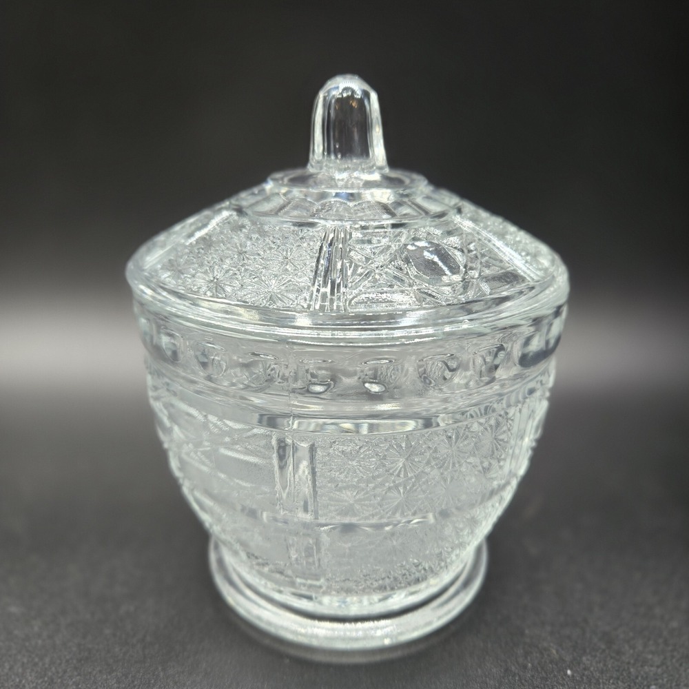 Vintage Pressed Clear Glass Daisy & Cane Pattern Condiment Candy Jar w/Lid EUC